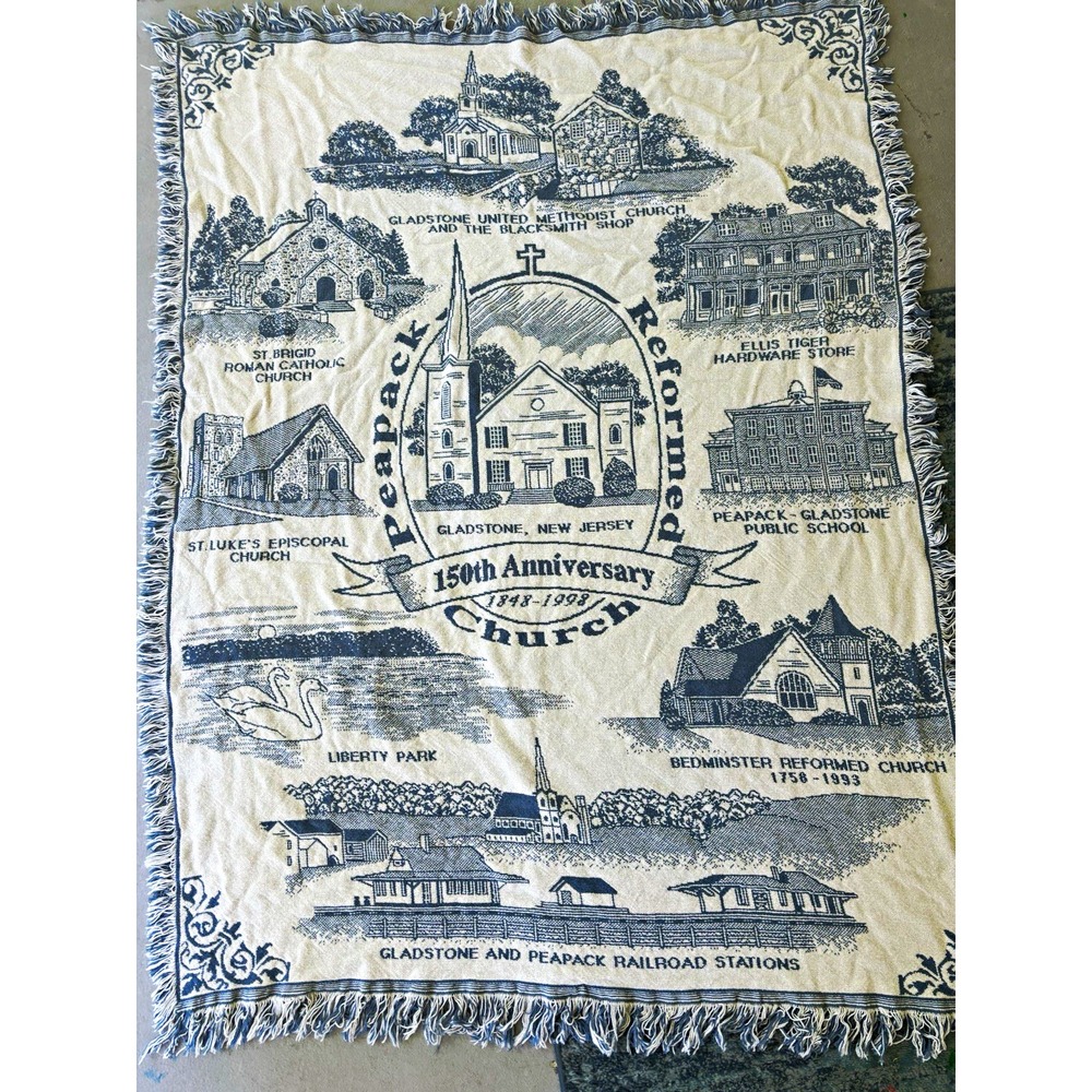 Peapack NJ Woven Throw Vintage Reformed Church 150th Anniversary Fringed 50x60
